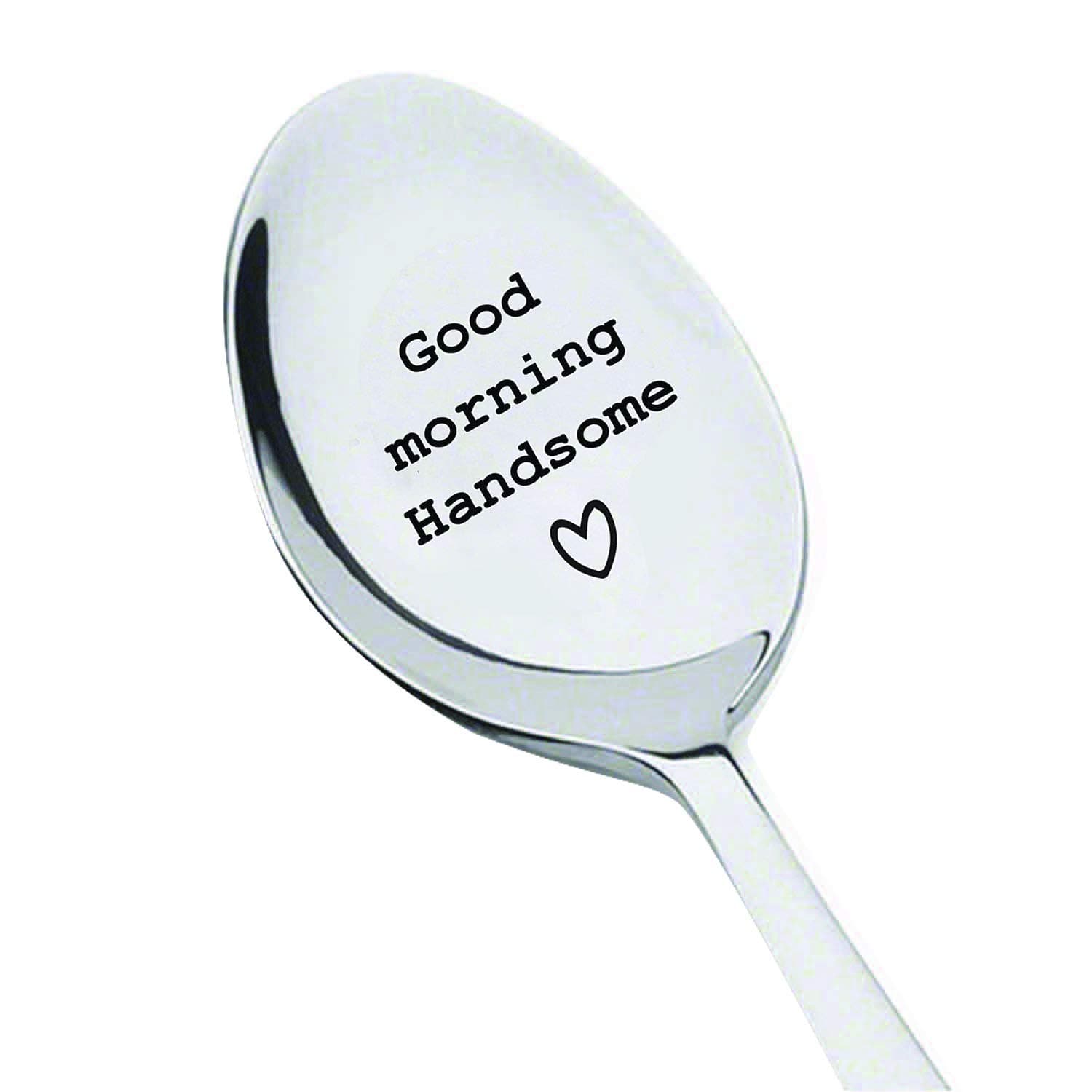 Boston Creative Company Good Morning Handsome Personalized Gift for Boy Friend Engraved Spoon Gift for Him Unique Birthday Gift for Husband Engraved Coffee Spoon Coffee Lover Gift Idea