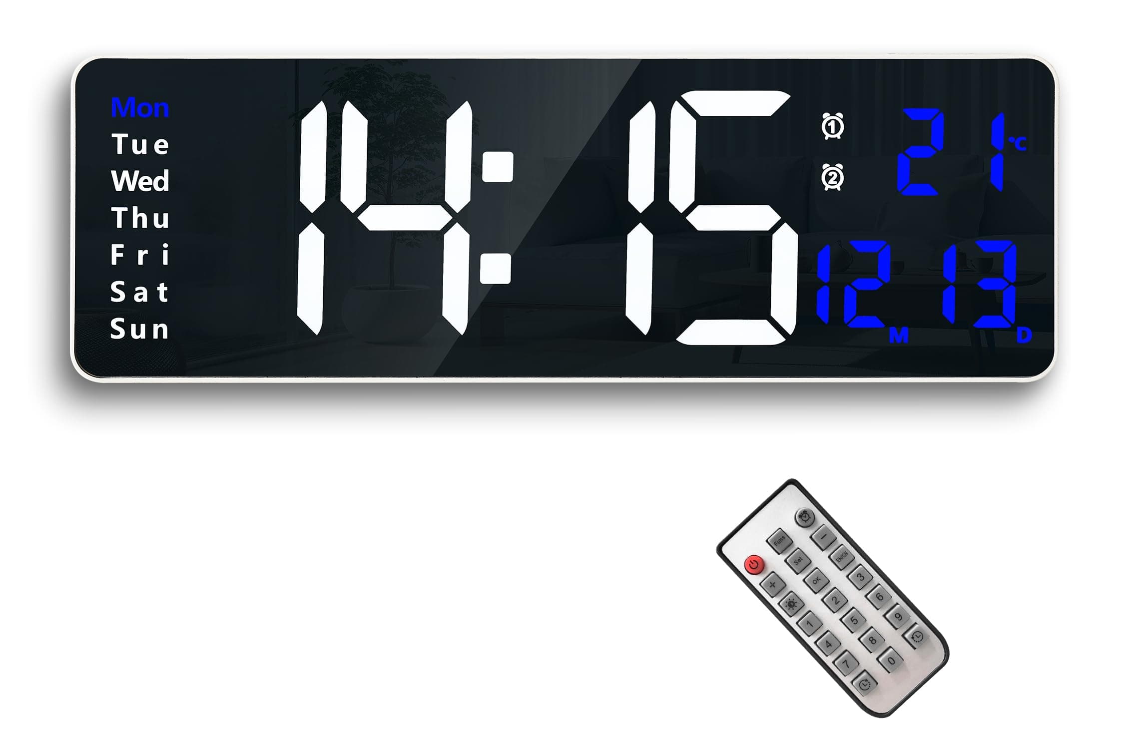 Digital Wall Clock with 13.2 Inch Large Display, Big Digits, Remote Control,Auto Dimming,10-Level Brightness,Timer,DST, Date,Week,Temperatur Display,Dual Alarm for Living Room Wall Decor
