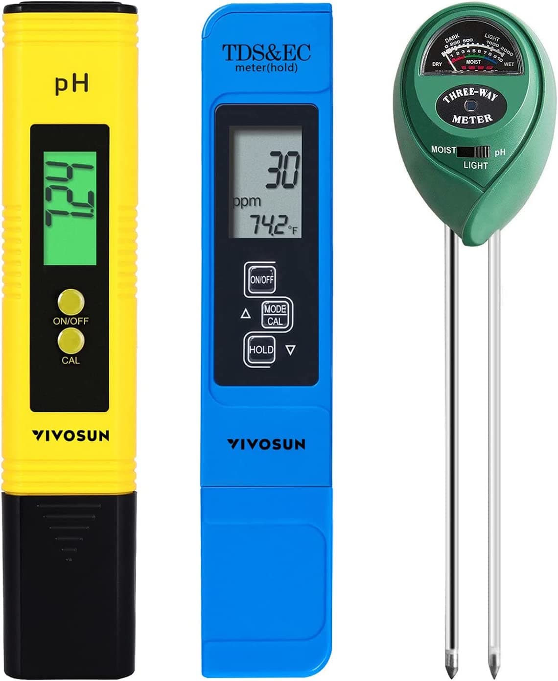 Digital pH Meter, 3-in-1 TDS/EC/Temperature Meter, 3-in-1 Soil Moisture/pH/Light Tester Combo for Home, Garden and Hydroponics, Yellow-Blue-Green