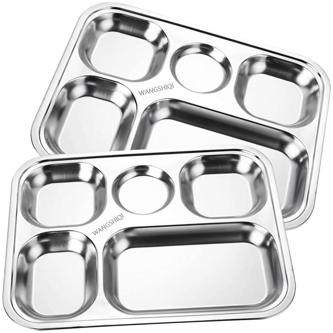Stainless Steel Divided Plates,2 Pack Stainless Steel Rectangular Divided Plates Tray, 5 Sections Dinner Plates for Adults,Picky Eaters, Campers, and Portion Control (2, 5 divided)