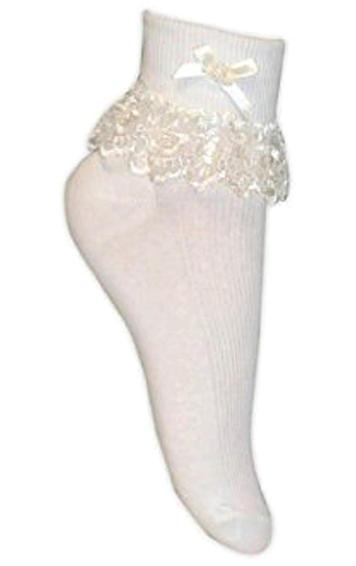 Girls & Baby 6 Pairs of white frilly laced top ankle socks Fancy Bow Beaded centre. by Jester