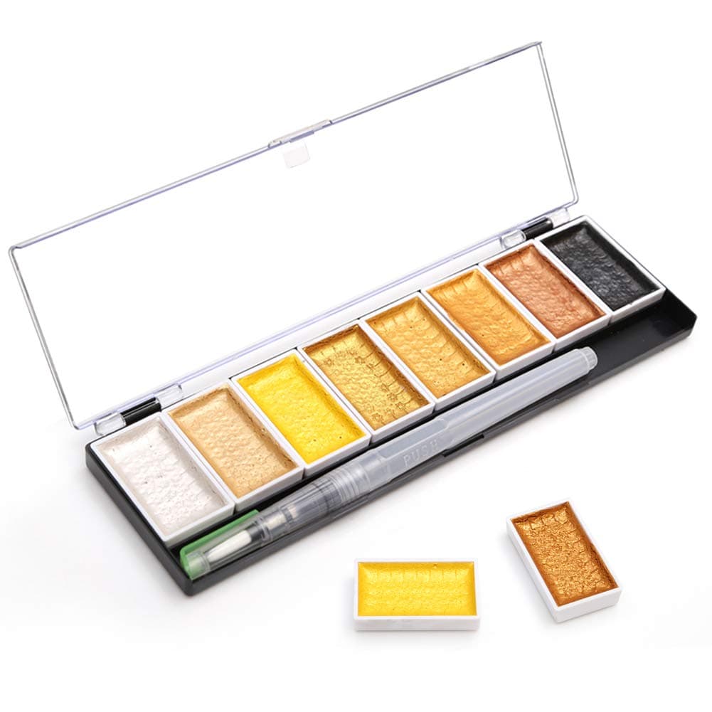 Dainayw Metallic Watercolor Paint, 8 Starry Colors, Artist Glitter Solid Colors, Portable and Lightweight with 1 Water Brush