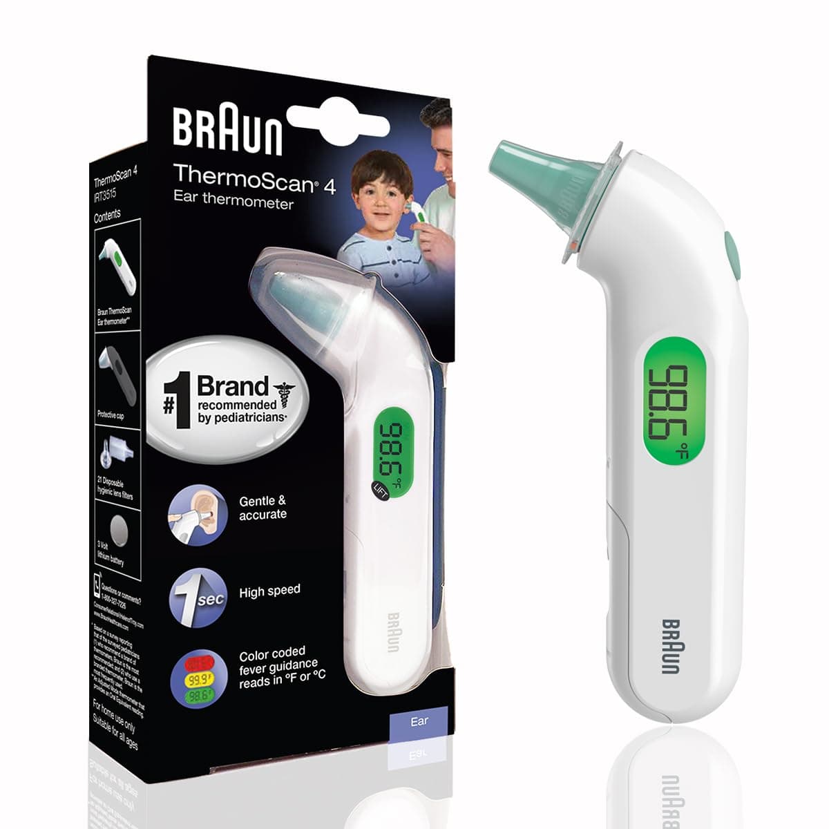 Braun ThermoScan 4 Digital Ear Thermometer, Professional Accuracy with Color Coded and Fever Audio Guide for Babies, Toddlers, Kids and Adults, IRT3515