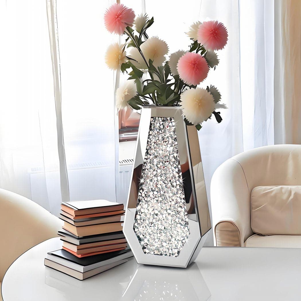 Flower Vase Crushed Diamond Mirrored Vase Crystal Silver Glass Decorative Mirror Vase Large Size Luxury For Home Decor. Diamond Shape Thickened. Can’t Hold Water.
