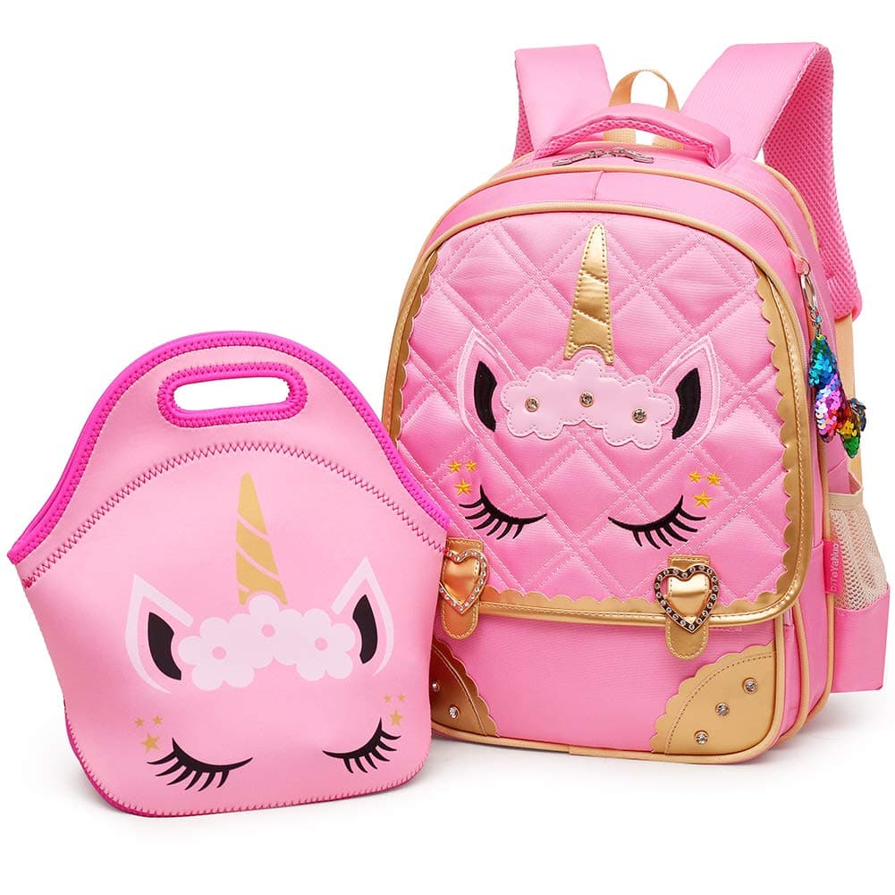 Cute Unicorn Face Diamond Sequins Waterproof Princess School Backpack Set Girls Book Bag