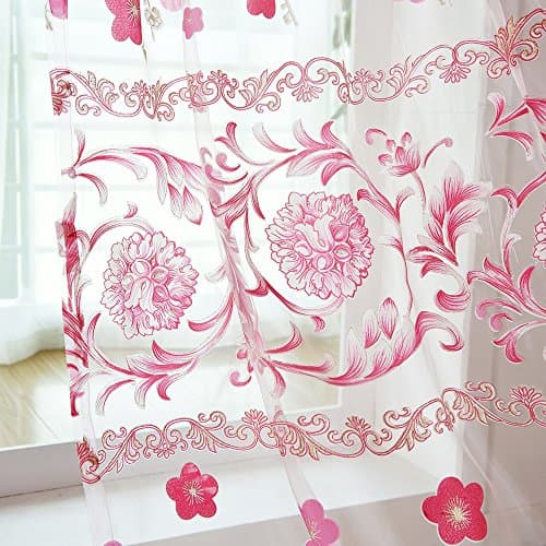 DZT1968 1PC White Printed Flower Lace Chiffon Tulle Sheer Window Treatments Door Screen Curtain (80 inch x 40 inch) (Water Red)