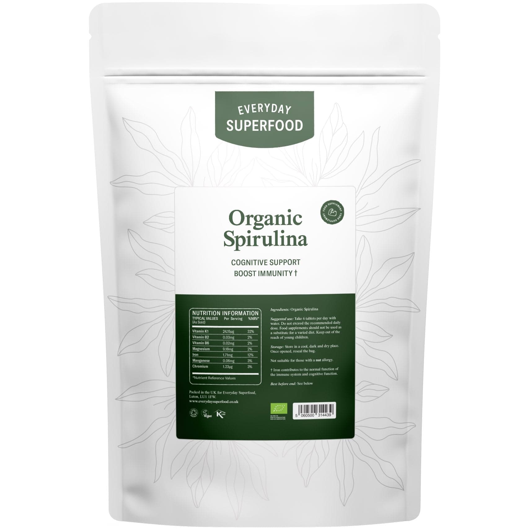Organic Spirulina Tablets (60 Tablets) Raw Cold Pressed Spirulina Algae Certified Vegan & Kosher