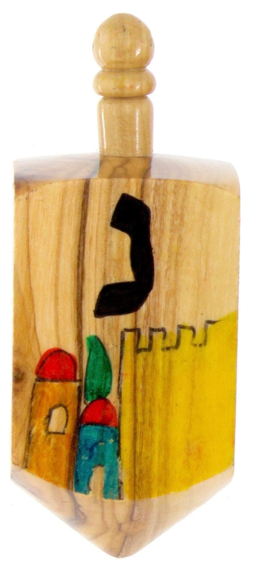 Rimmon Judaica 1 Handmade Olive Wood Hanukkah Dreidel with Colourfull Jerusalem Scene