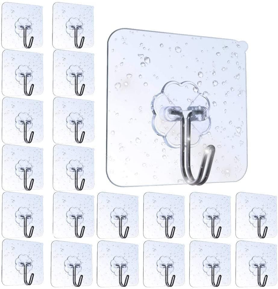 Flying swallow 20 Pack Adhesive Hooks Wall Hooks Strong Adhesive Hooks 30 lbs/ 15 kg Seamless Transparent Hooks, Kitchen Towel Bath Hooks