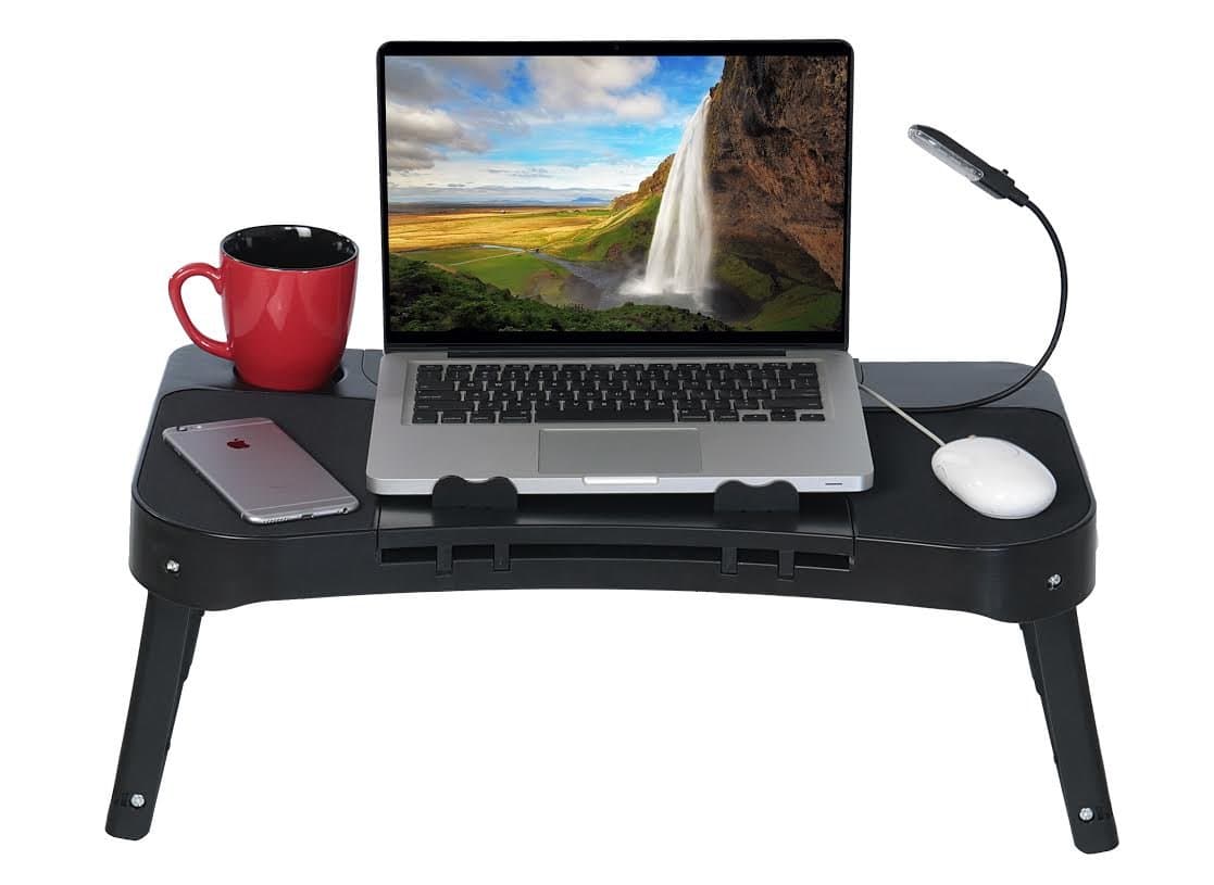 Laptop Table Stand - 2-Sided Design Allows You to Place Mouse on The Left or Right - Repositionable LED Light - Integrated Cooling Fan