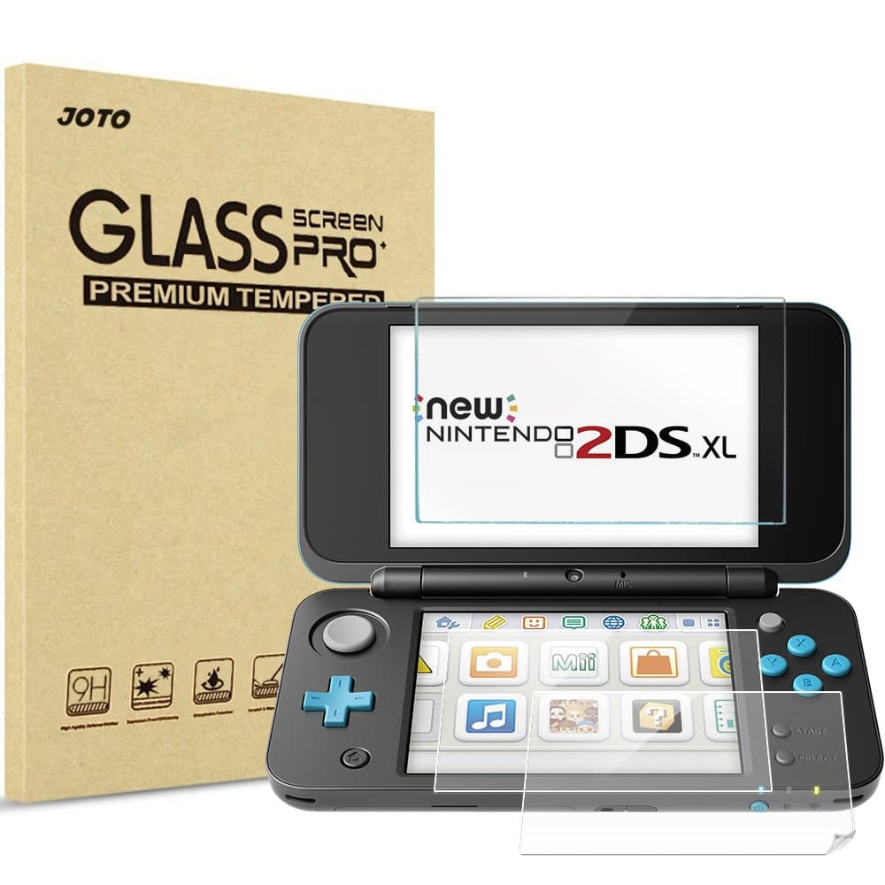 JOTO 2DS XL Screen Protector Premium Screen Protector Film Guard Shield for 2DS XL 2017 (3 Pack, 1x Top Tempered Glass + 2x Bottom PET)