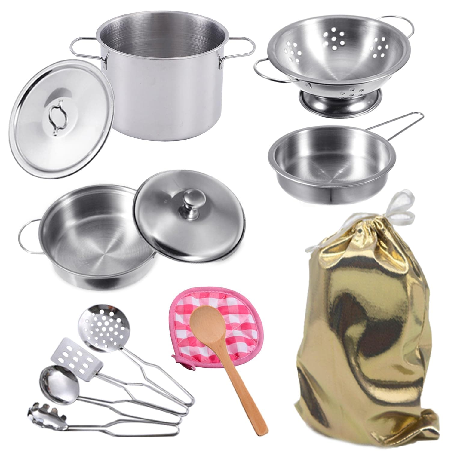 Stainless Steel Pretend Cooking Utensils Cookware Set,Mini Play Kitchen Accessories,Play Pots and Pans Toys Packed in a golden cloth bag for Kids Toddlers