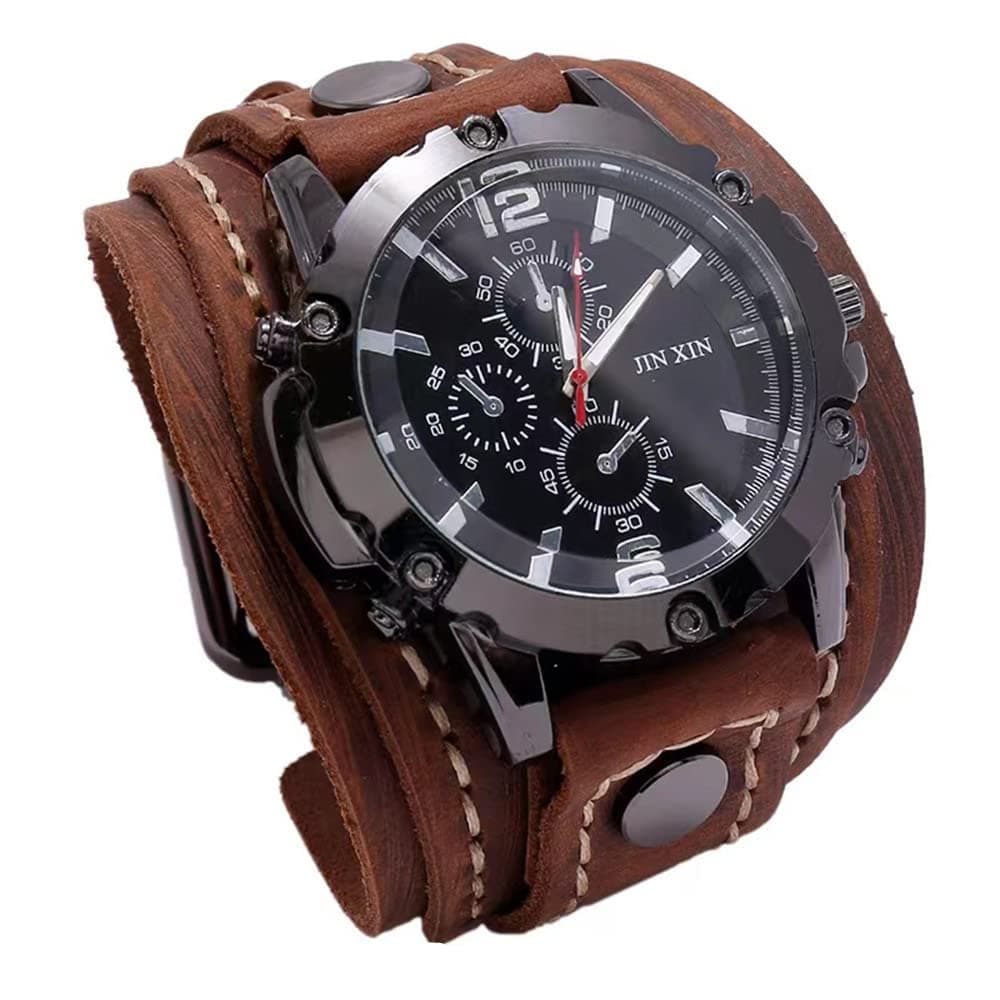 Handmade Sewn with Wax Rope Men Watches Vintage Punk Hiphop Gothic Wide Genuine Leather Fashion Cuff Round Quartz Wristwatch Big Dial Black Brown