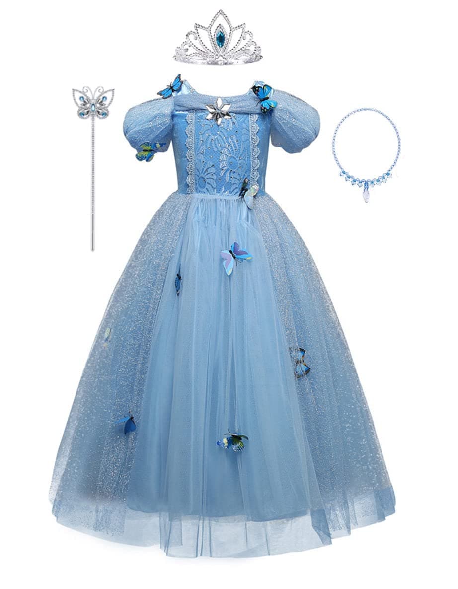 Yalla babYGirls Dress Costume for Kids Girls Princess Blue Dress Up with Free Accessories - 90-140 cm 3-12 Years Birthday Party Cosplay Outfits