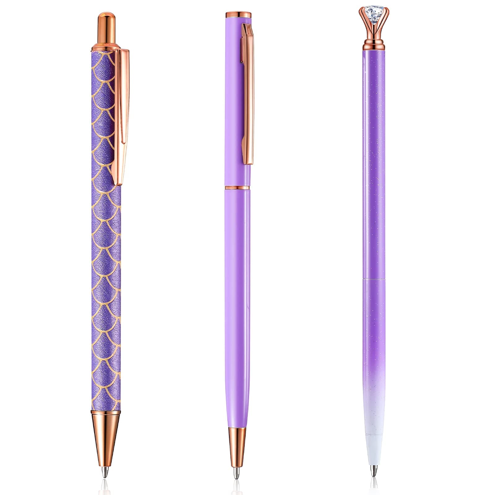 3 Pcs Purple Pens Bling Diamond Metal Ballpoint Pens Fancy Glitter Pen 1.0mm Black Ink Click Retractable Pens for Women Office Writing Gifts