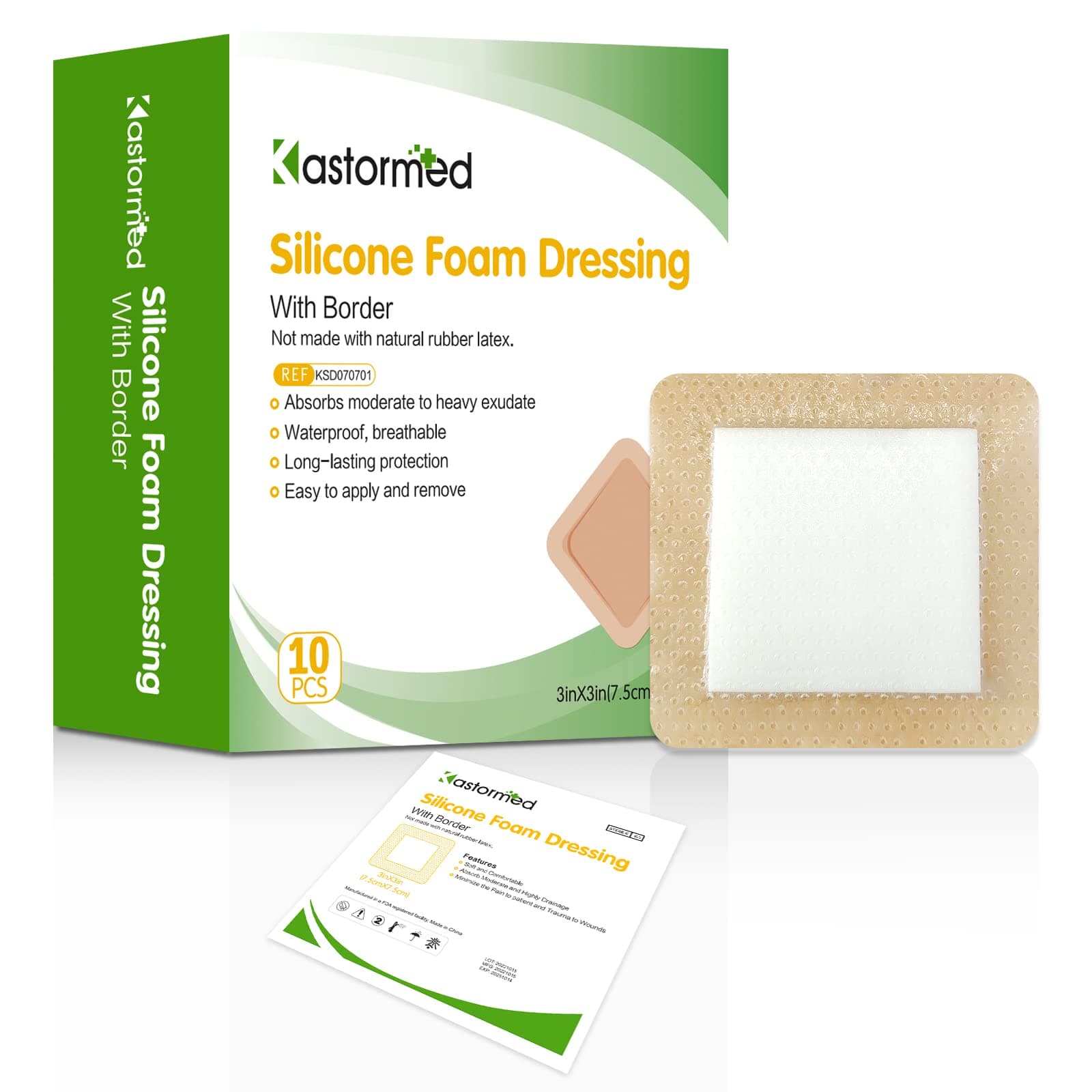 Silicone Adhesive Foam Dressing with Gentle Border 3''x3'' 10 Pack, High Absorbency Foam Wound Bandage for Bed Sore Leg Ulcer Foot Diabetic Ulcer by Kastormed