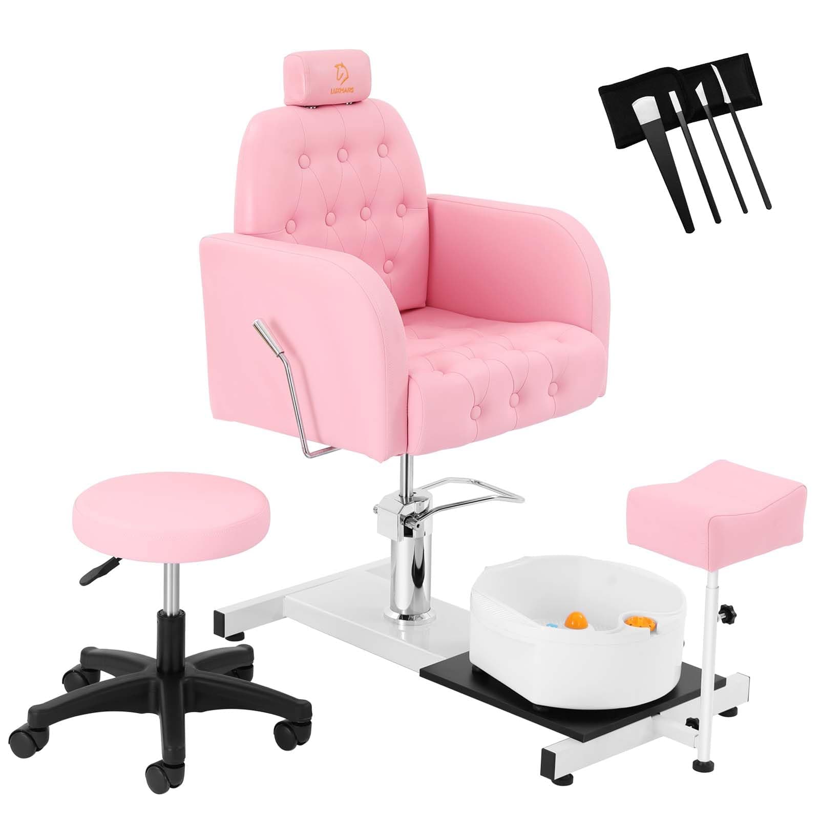 Reclining Pedicure Chair No Plumbing with Foot Massage Basin & Stool, Hydraulic Adjustable Pedicure Chair Station, 360° Rotation Beauty Spa Salon Unit Station - Pink