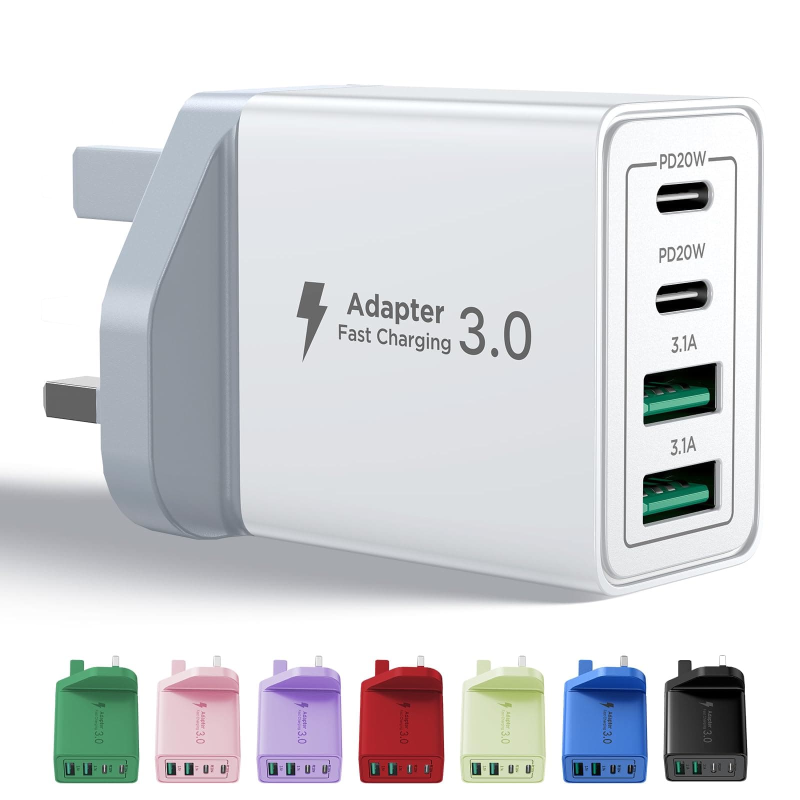 USB C Plug Fast Charge, 40W 4-Port Multi USB Charger Plug UK Dual Port PD Power Adapter +QC Wall plug Multiport Mains Type C Charging Plug for iPhone 17 16 15 14 13 12 11 Pro Max XS XR 8, Samsung, Pad