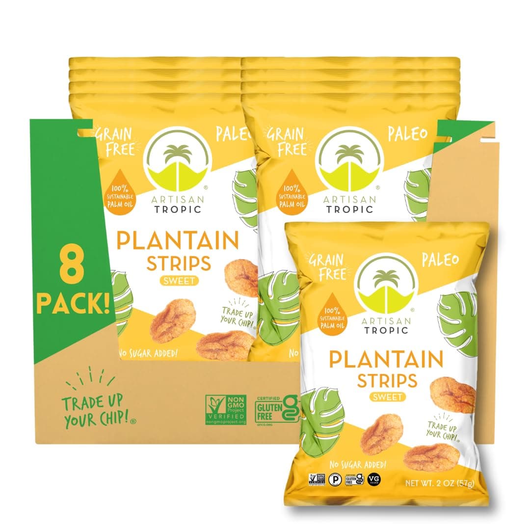 ARTISAN TROPIC Plantain Strips Naturally Sweet - 8 Pack, 2oz - Vegan, Paleo, Gluten Free Chips - Individual Bags Healthy Snacks for School, Gym, Kids – Whole 30 Approved Foods Baked Banana Chips