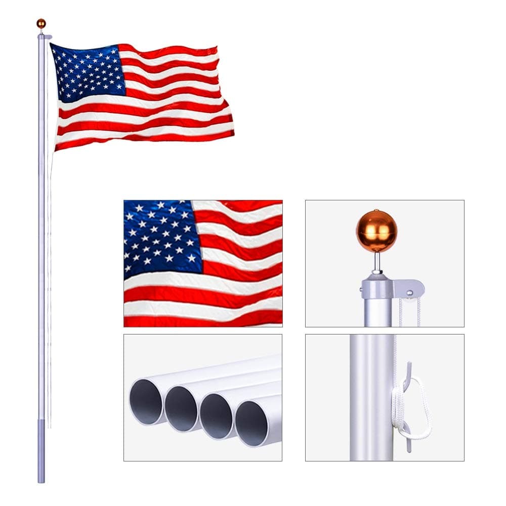 GOGODUCKS 25 Ft sectional Thick Aluminum Flagpole Flag Pole Kit Can Fly 2 Flags Free 3'x5' US Flag & Gold Ball Top & Silver PVC Sleeve Great for Outdoor Home Garden Residential Commercial