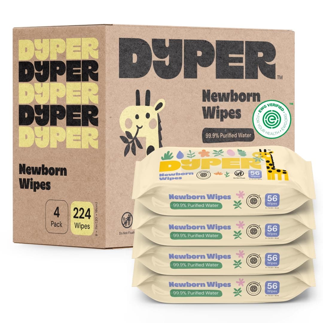 DYPER Newborn Sensitive Baby Wipes Unscented (224 Count), 99.9% Water-Based, Plant-Based & Hypoallergenic - Gentle for Sensitive Skin, Plastic-Free Multi-Use Wet Wipes (Pack of 4) Packaging May Vary