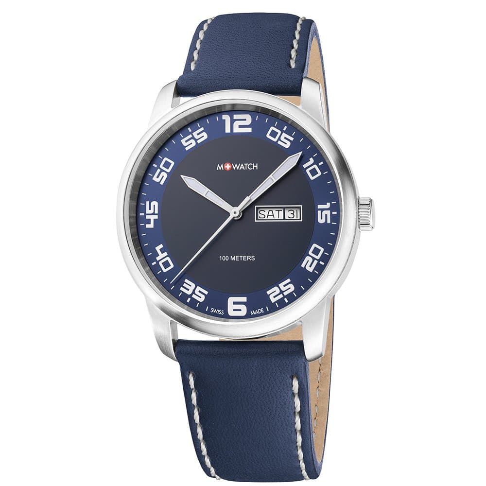 M WATCH Swiss Made Aero Men's Pilot's Watch, Luminous Hands, Day Date, Blue Leather Strap, Contrast Stitching