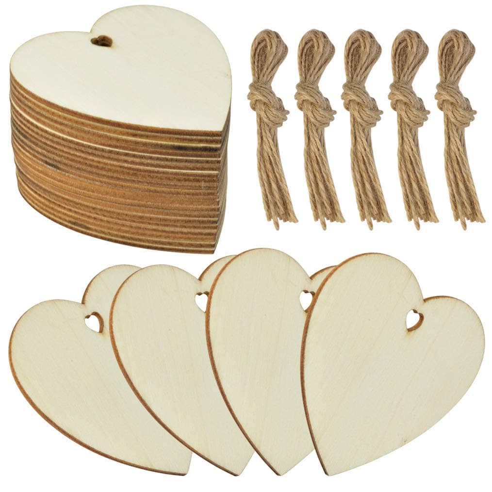 50 Pieces 3 Inch Natural Heart Wood Slices, DIY Wooden Ornaments Unfinished Predrilled Heart Embellishments with Twine for Wedding, Thanksgiving, Christmas