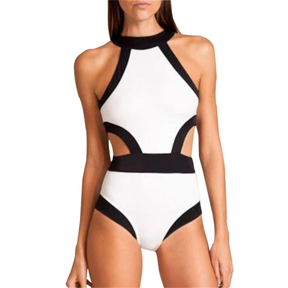 ASWER Women's One Piece High Neck Cut Out Bikini Swimsuits Swimwear Beachwears White M