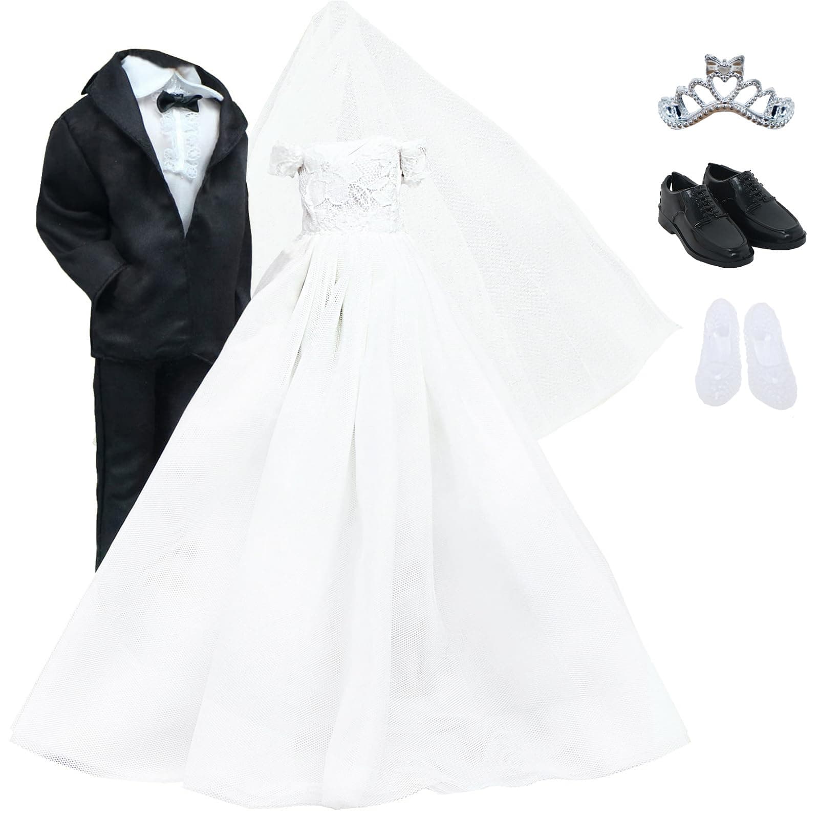 Set Beige Dress Bridal Veil and Groom Formal Suit Outfit for Boy Girl Doll Clothes