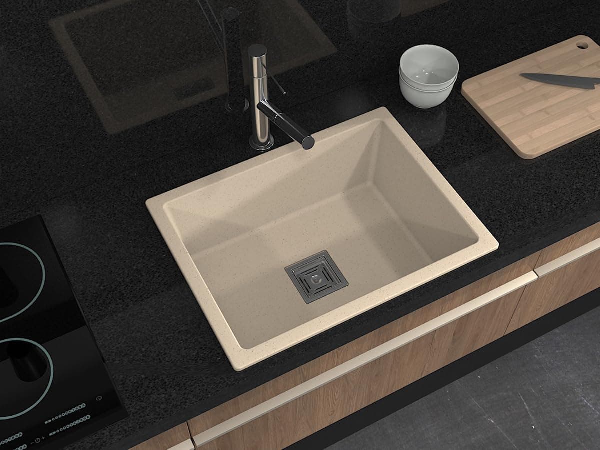 HARDSTONE Quartz Kitchen sink Single Bowl (24 x 18 x 8.5 inches) Kitchen Sink | Quartz Single Bowl Kitchen Sink | Granite Finish | Kitchen Sink/Sink Coupling/Waste pipe/Vagetable Basket (COOL IVORY)