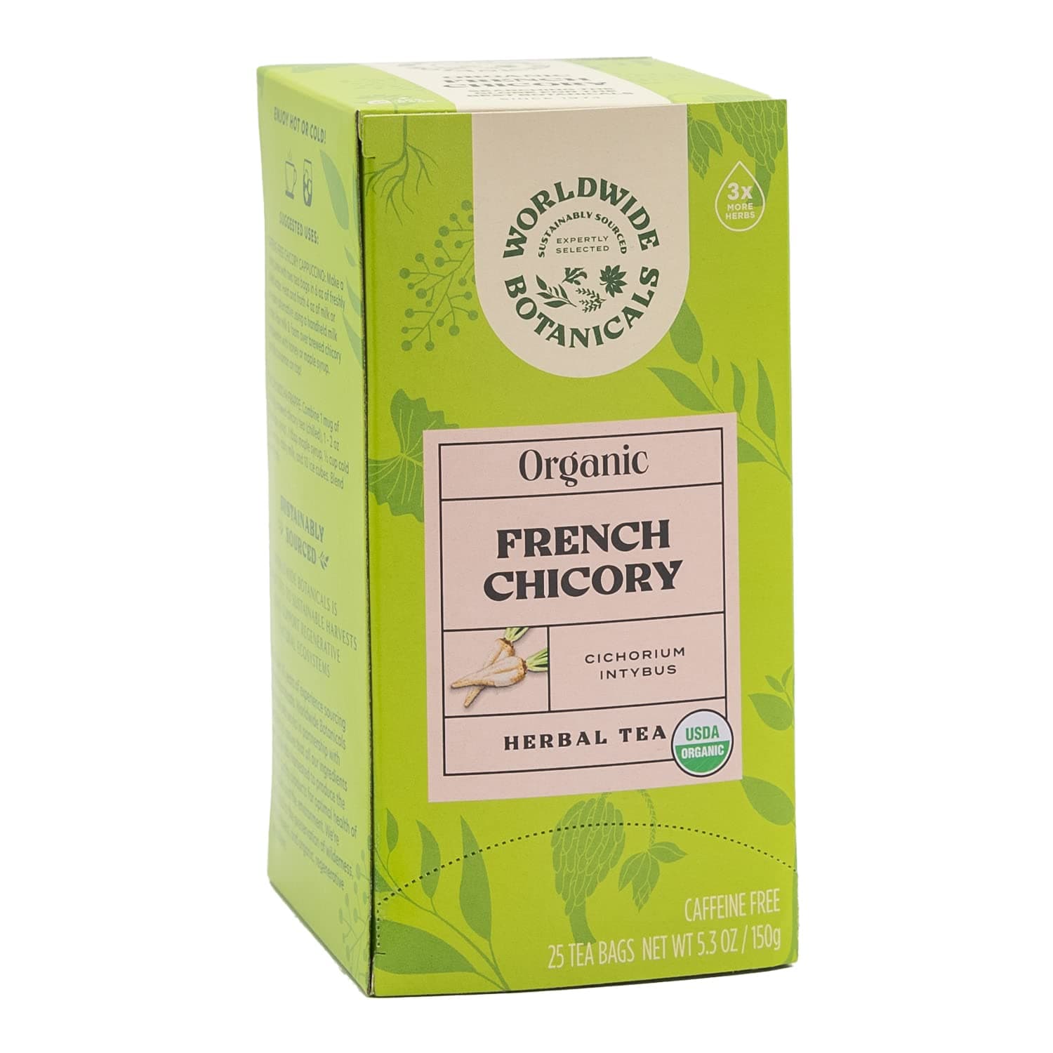 Organic French Chicory Root Tea, 25 Tea Bags - 3x herbs with 6g per teabag - Prebiotic, Roasted - Acid Free, Caffeine Free, Kosher