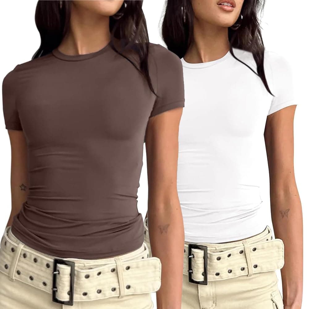 Meiweileya2 Piece Basic Short Sleeve Tees for Women Tight Shirts Y2k Crop Top Fitted T Shirt Summer Going Out Tops Dupes