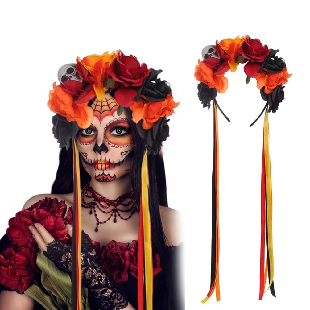 Floral Day of the Dead Headband Mexican Skull Rose Flower Crown Headpiece for Women Girls Halloween Costume (Orange Black Red)