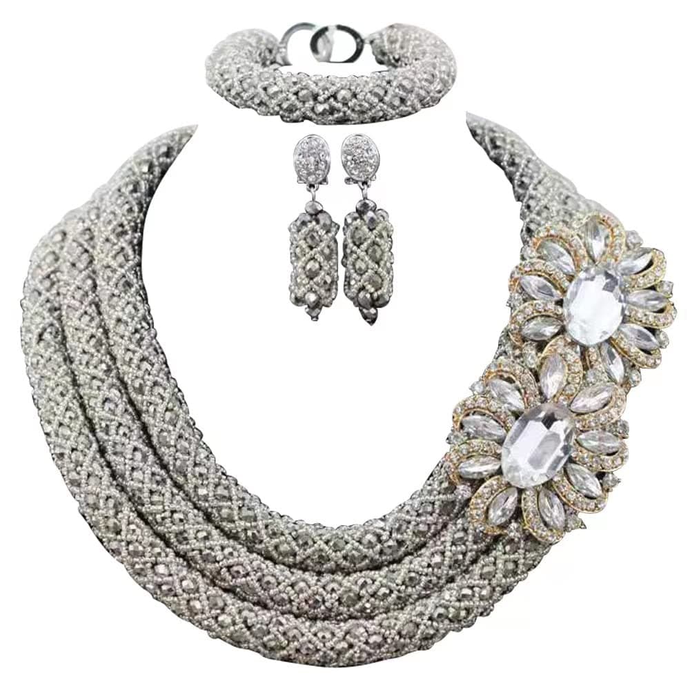 3 Rows Handmade Nigerian African Crystal Beads Jewelry Set Costume Bridal Necklace (Silver)