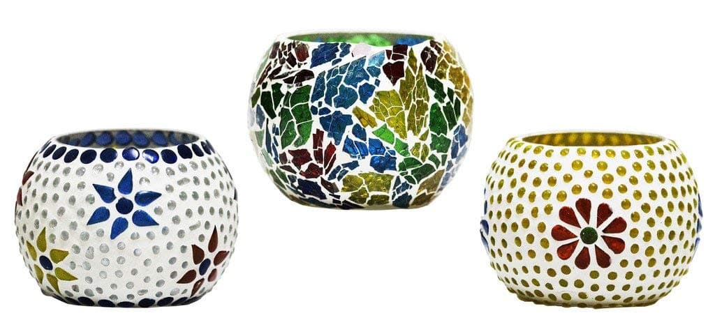 CraftJunction Handcrafted Mosaic Glass TeaLight Holder Diwali Candle Holder, Christmas Lights Decoration - Tealight Candle Holders, Parties and Home Decor Decorative birthday valentines wedding House home warming ceremony gifts Living Room/Office Decor/Home Decor (3 * 3 Inches, Set of 3)