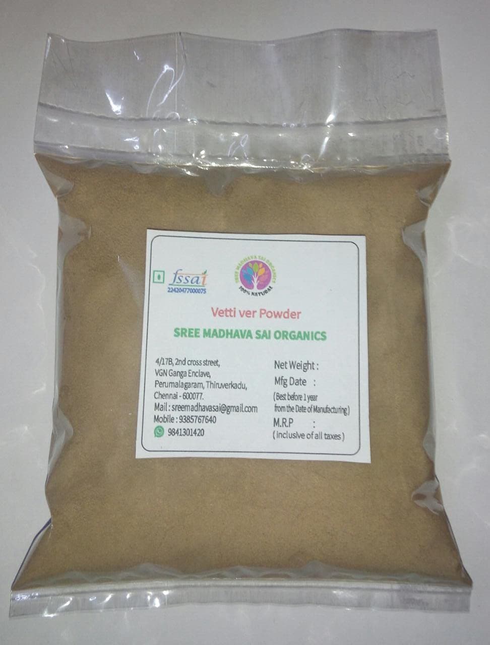 Sree Madhava Sai Organics Dry Vettiver Powder/Khus Root Powder - 200 Grams