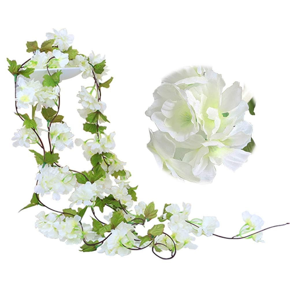 JaneYi 2 Pack 7.7ft Fake Cherry Vine Artificial Flowers Plant Hanging Silk Ivy Garland with Green Leaves for Indoor Outdoor Home Hotel Garden Wedding Party Craft Art Decor (White)