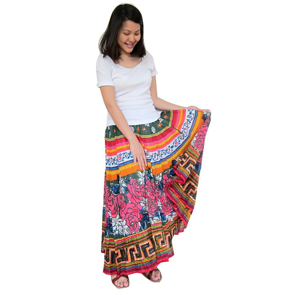 Maxi Skirt Gypsy Cotton Flower Print Bohemian Skirt Plus Size(green)