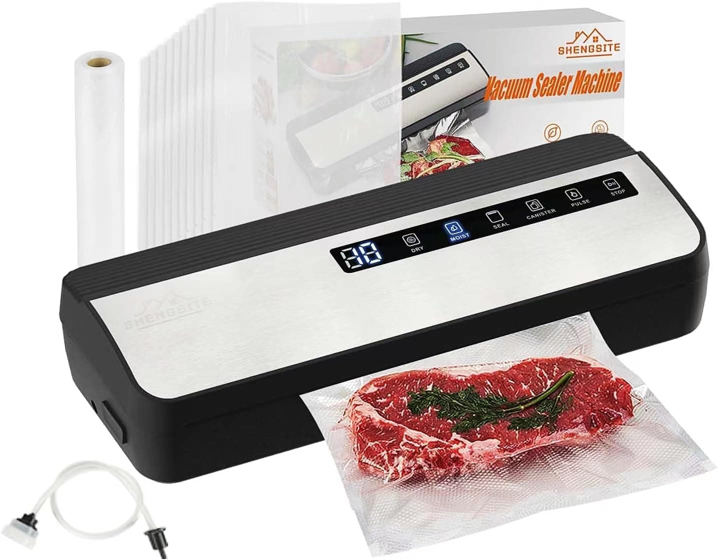 Vacuum Sealer Machine, 6 in 1 Precision Food Vacuum Sealer with Built-in cutter, Led Indicator for Food Storage,Includes 10 Vacuum Seal Bags,1 Rolls Starter Kit& 1 Air Suction Hose