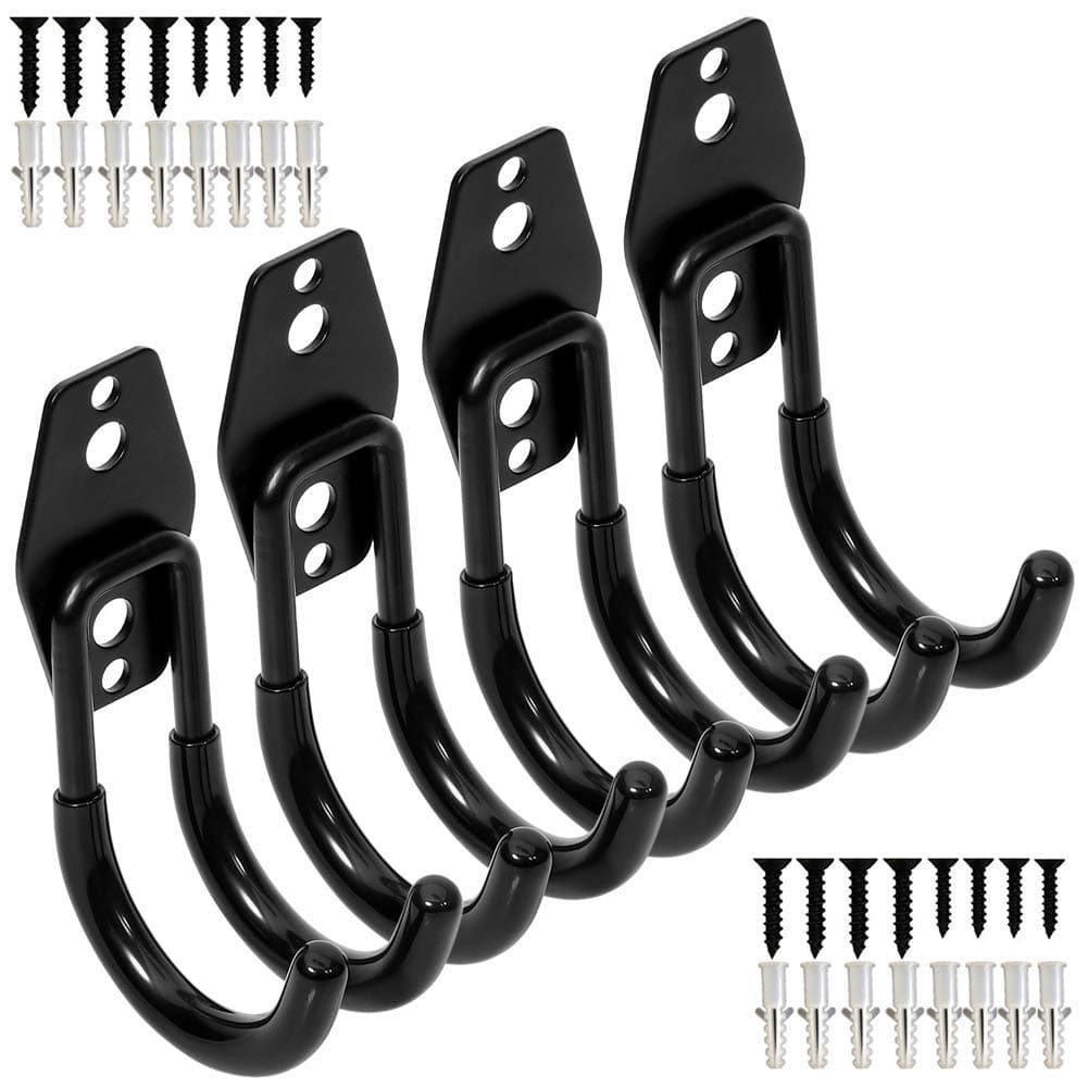 YisunnanWall Mount Double Hook,Heavy Duty Steel Garage Storage Utility Hooks with Anti-Slip Coating,Load Capacity 66 LB (4 Pack Black 2.8" Round J Hook)