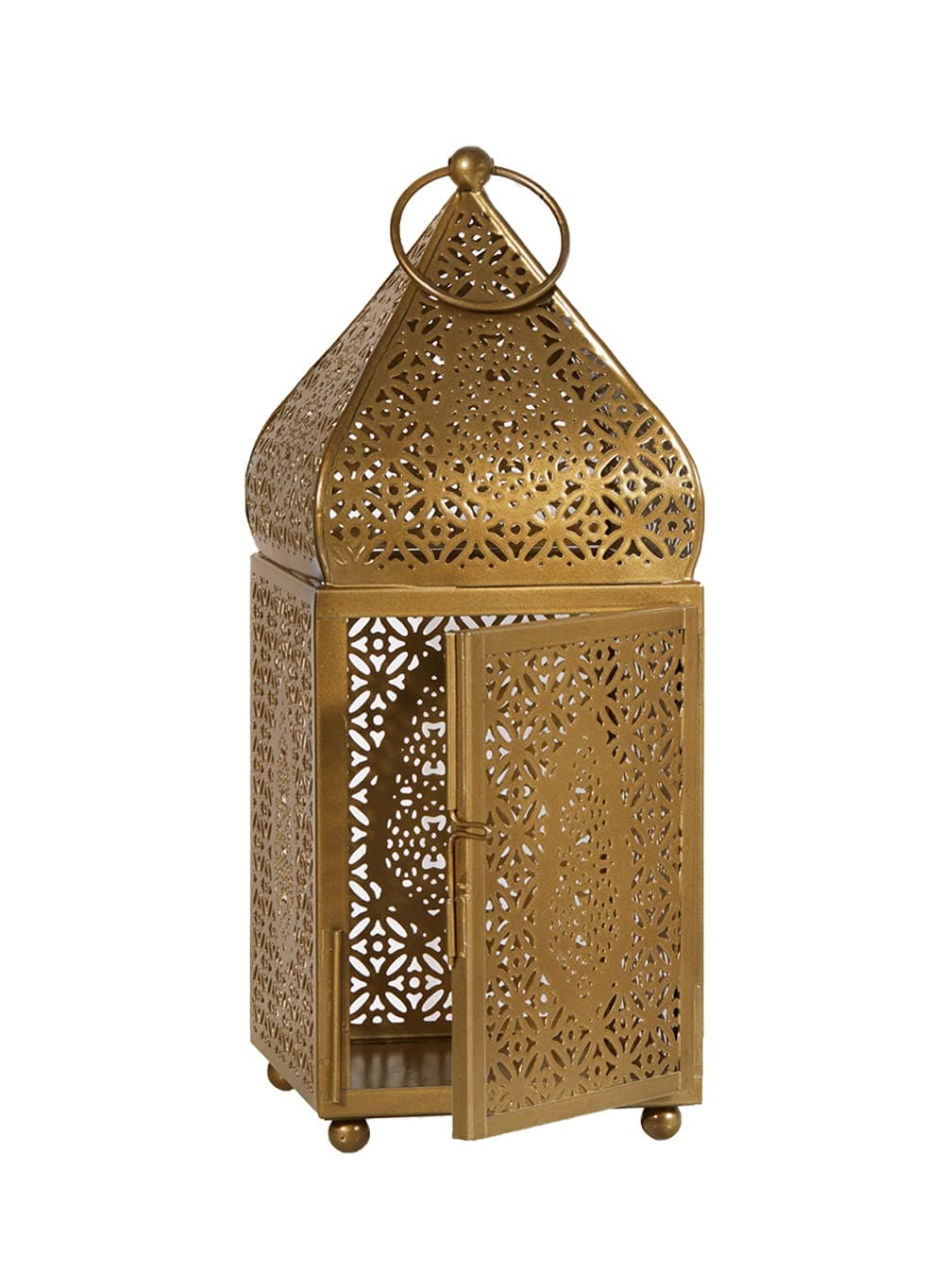 Serene Spaces Living Large Moroccan Gold Ornate Candle Lantern, Antique Gold Lantern, Decorative Candle Lantern Holders for Indian-Inspired Wedding, Eid, Ramadan, Events, 4.5" Dia & 12" Tall