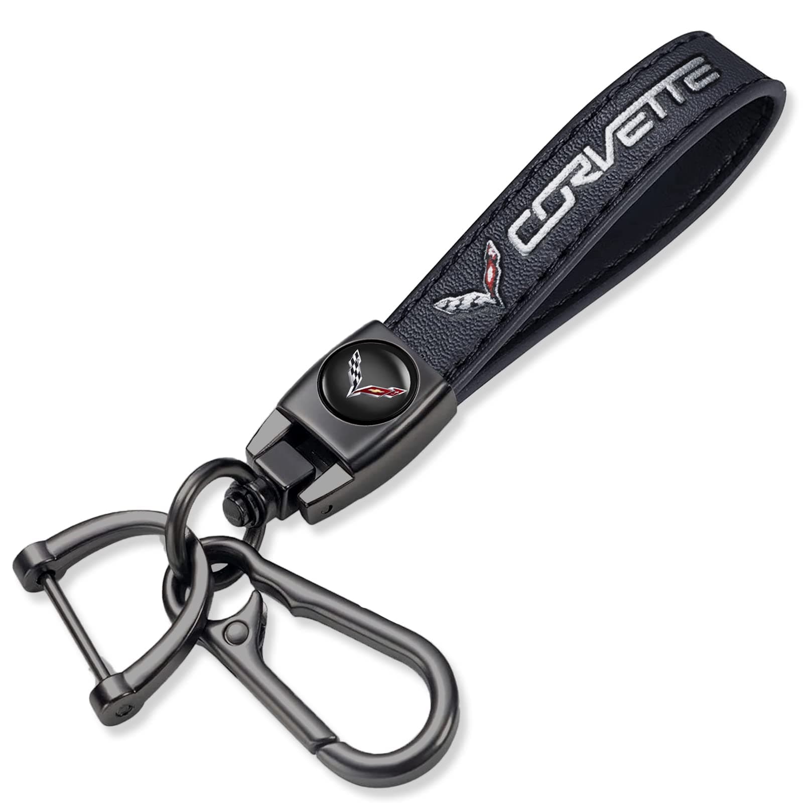 Genuine Leather Car Keychain fit for Corvette C4 C6 C5 C7 C8 Car Key Chain for Men and Women Family Present Key Ring Accessories(Black)