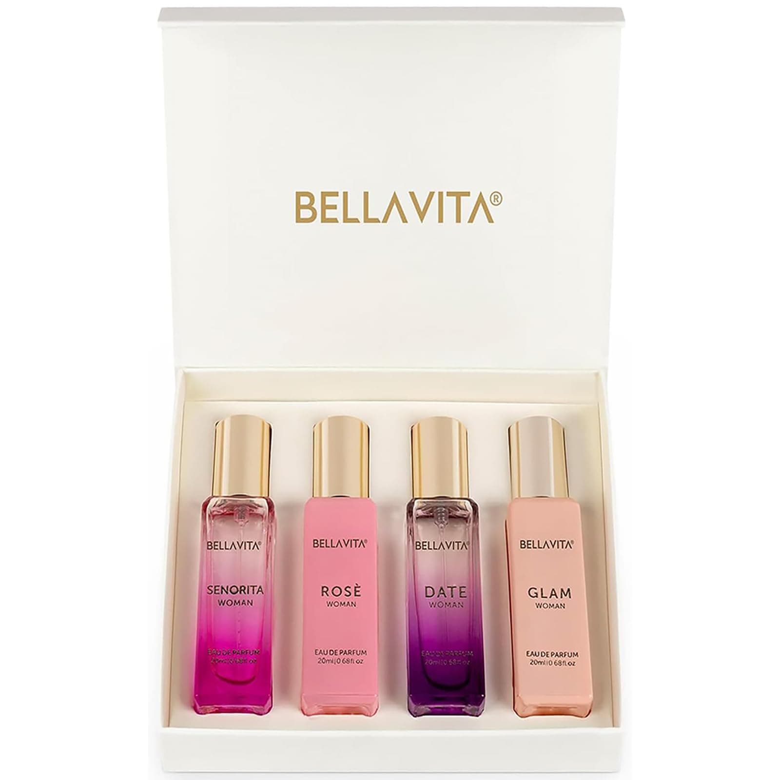 Bellavita Luxury Women's Gift Set with Date Senorita Glam & Rose | Floral Fruity Musky Rose White Floral Scent Profiles | Gift Set (4×20 ml) | Women's Perfume | Perfect Christmas & New Year Gift
