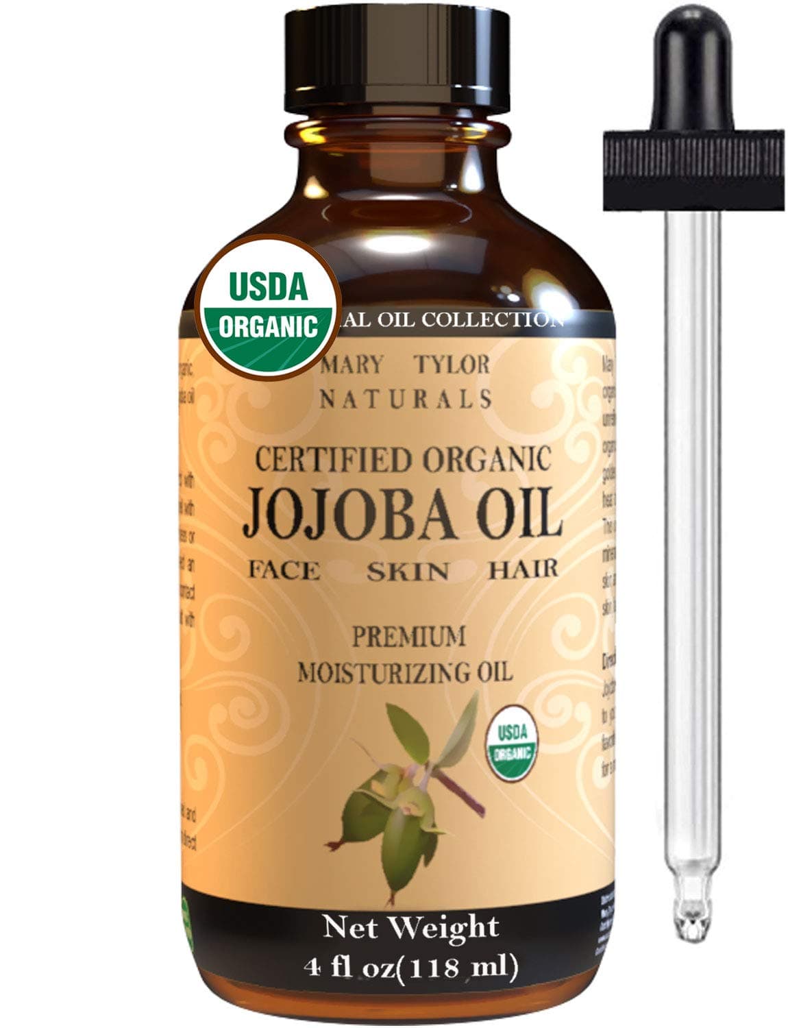 Organic Jojoba oil (4 oz), USDA Certified, Cold Pressed Unrefined Hexane Free Moisturizer Oil for Hair Skin & Face Carrier Base Oil By Mary Tylor Naturals