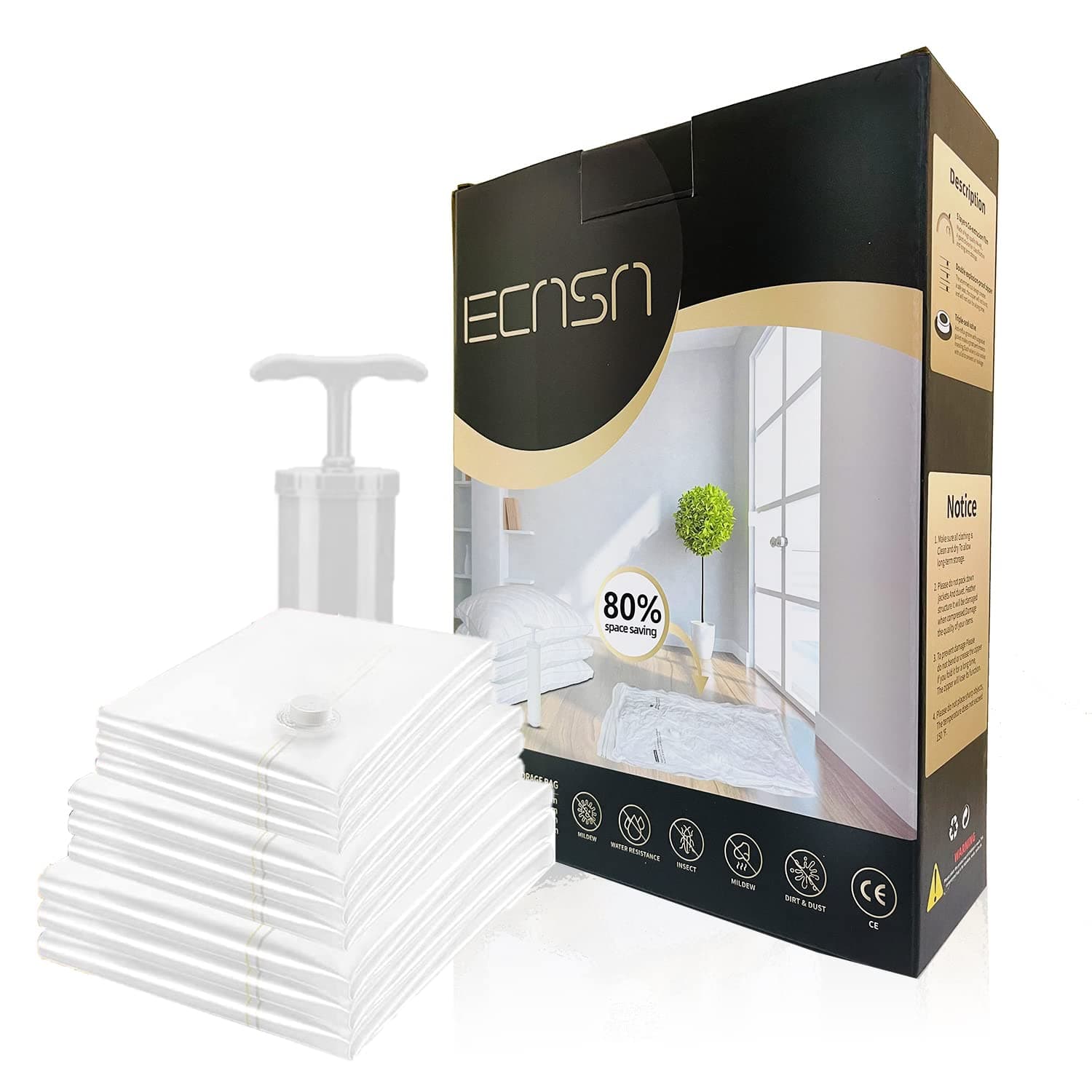 Ecasa™ 10 Pack Space Saver Storage Vacuum Bags (2 Pcs 100Cmx80Cm), 80Cmx60Cm), 70Cmx50Cm),(4 60Cmx40Cm) Compression Seal – (Hand Pump Included)