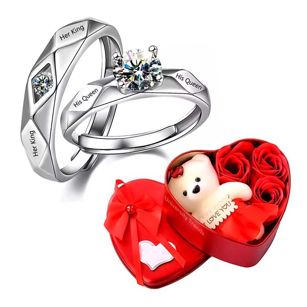 University Trendz Valentine Special Adjustable Her King His Queen Lovers Rings Set with Soft Teddy Bear, Romantic Gift for Valentine Day for Men & Women