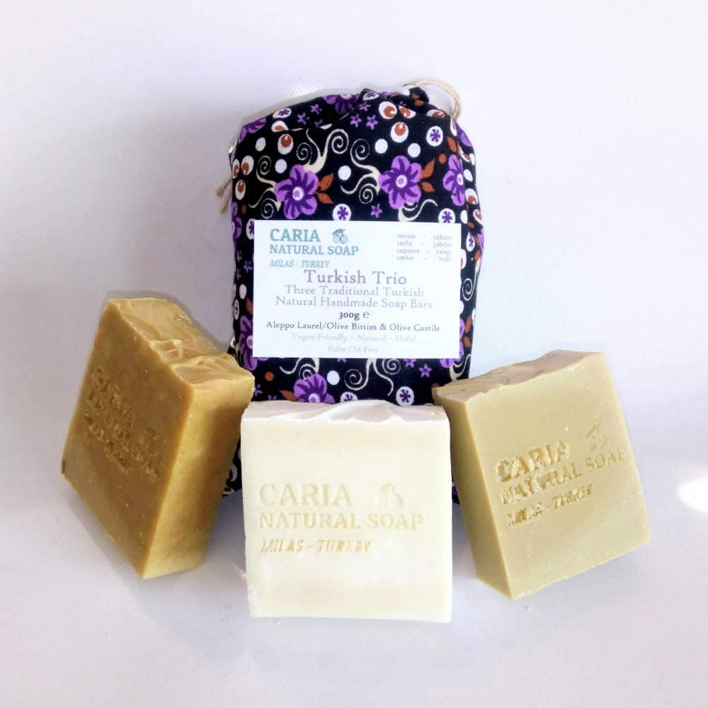 Caria Natural Soap Traditional Turkish Trio Soap Bars. 100% Natural Castile Olive Oil Bittim Wild Pistacia and Aleppo Laurel (3 bars)