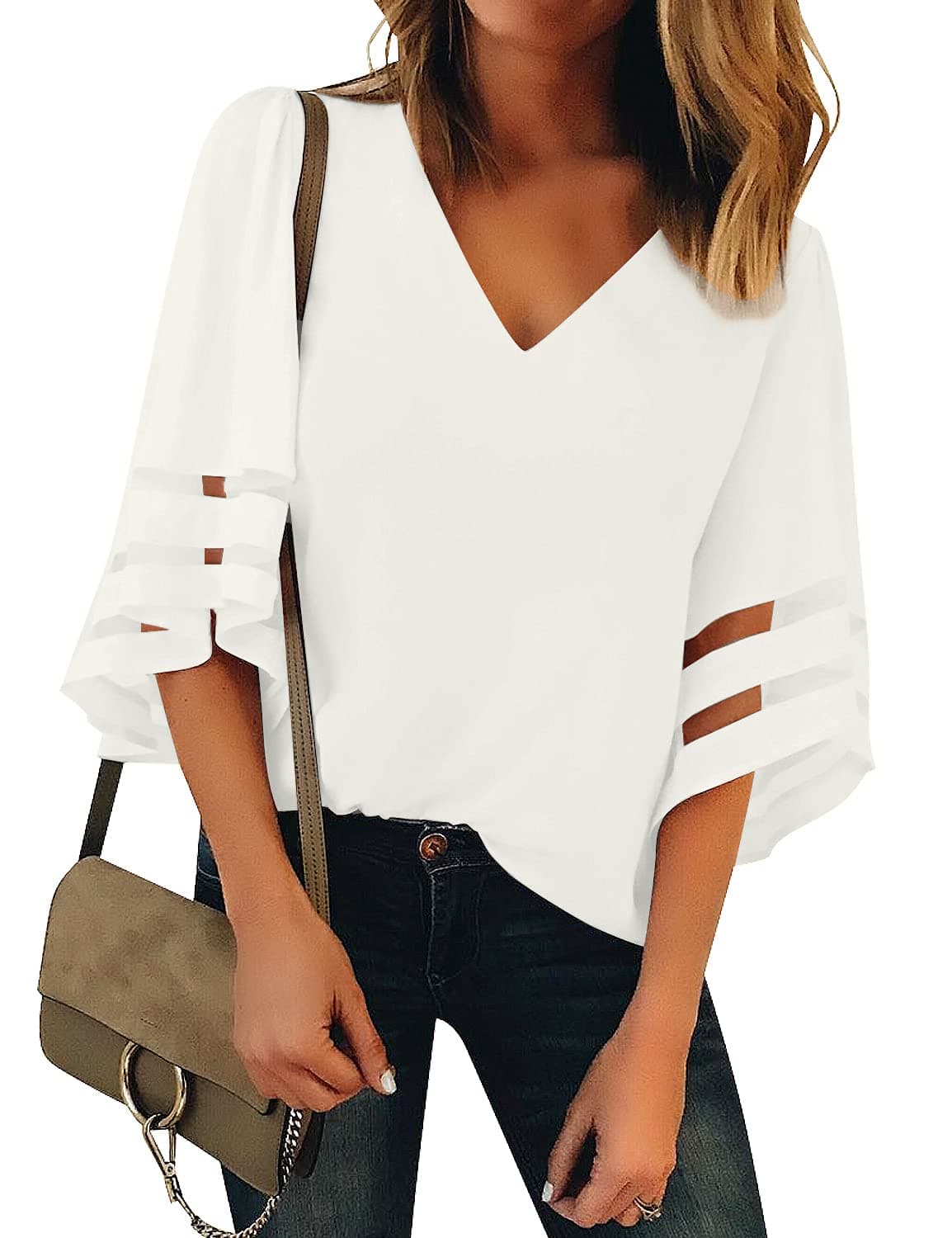 Women's V Neck Mesh Panel Blouse 3/4 Bell Sleeve Loose Top Shirt