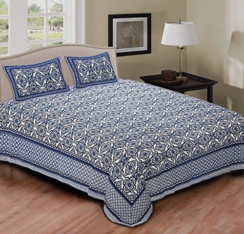 Ridan 100% Jaipuri Cotton Bedsheet/Cotton Double Bed Spread/Cotton Bedding Sheet/Cotton Tapestry/Cotton Pillow Case Protector, Double Size 9.8 x 7.9 x 2 inches – Blue