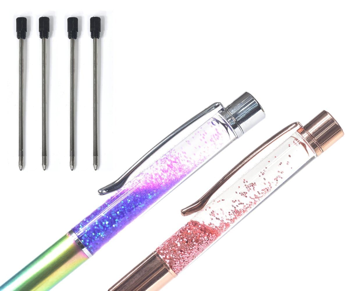 XRONGBall-point Pen Bling Glitter Sandglass Metal Aluminum Advertisement Pen 2 pcs with 2 Extra Refills Pink Rose gold/Colorful
